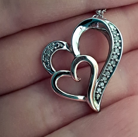 14kt Rose Gold Sterling Silver Diamond Double Heart Pendant Italian Necklace - Picture 11 of 12